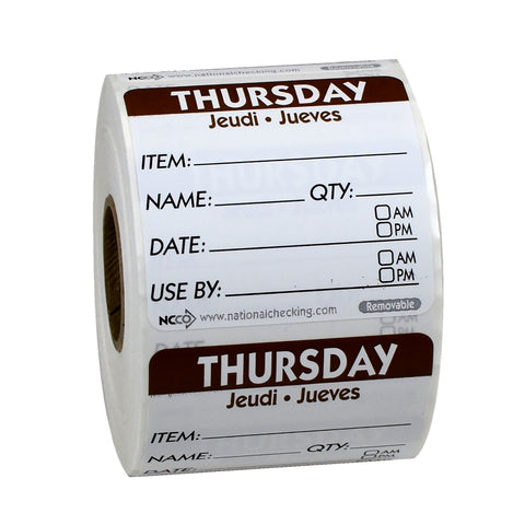 DateIt™ LABEL TRILINGUAL ITEM/DATE/USE BY REMOVABLE BROWN THURSDAY 2X2