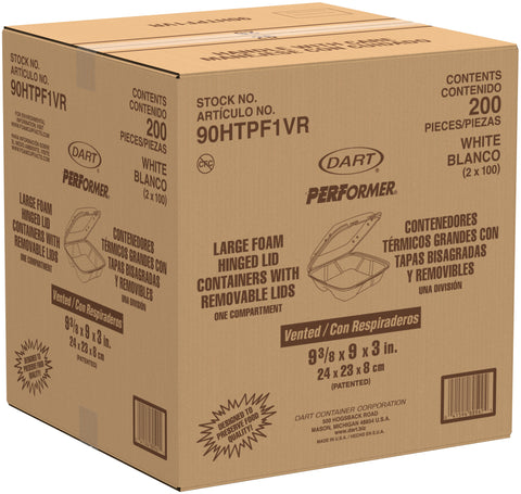 Dart Extruded Polystyrene White Single Compartment Insulated Foam Vented Hinged Lid Container, 9 x 9 2/5 x 3 inch -- 200 per case