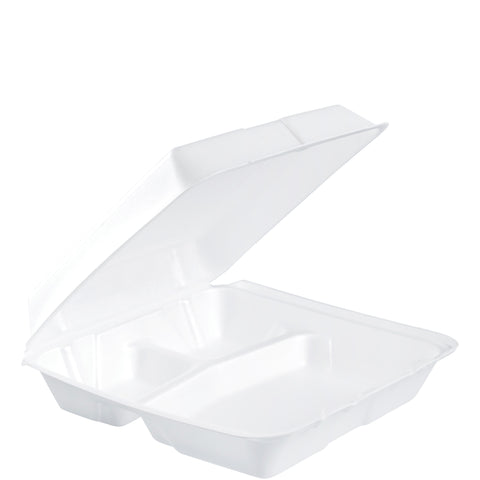 Dart CONTAINER FOAM WHITE LARGE 3-COMPARTMENT HINGED LID 9.5X9.3X3