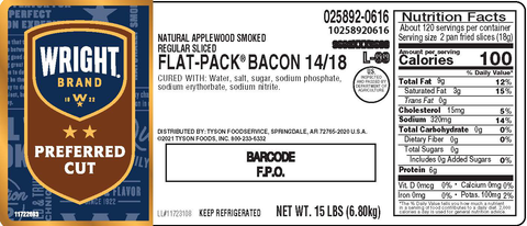 Wright Brand Regular Natural Applewood Smoked Bacon, 15 Pound.