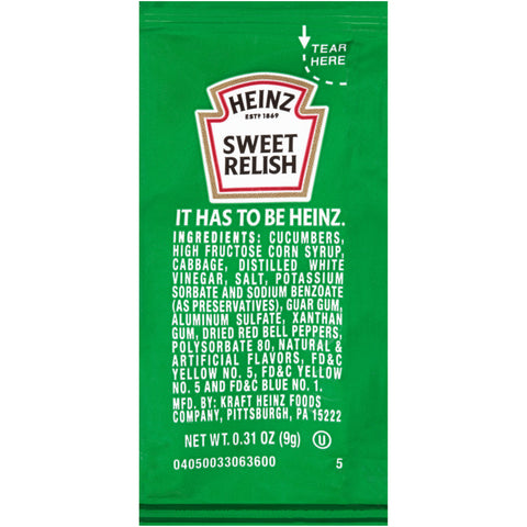 Heinz Sweet Relish Single Serve, 9 Gram -- 200 Case
