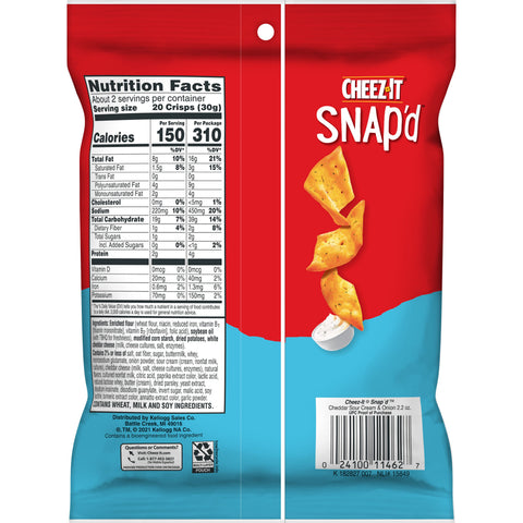 Kelloggs Cheez It Cheddar Sour Cream and Onion Cracker, 2.2 Ounce -- 6 per case.