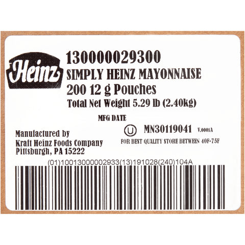 Simply Heinz Mayonnaise, 12 Gram -- 200 per case.