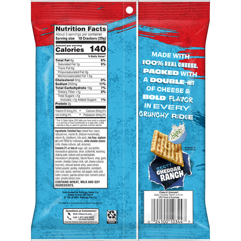 Cheez It Grooves Zesty Cheddar Ranch Crispy Cracker, 3.25 Ounce -- 6 per case.