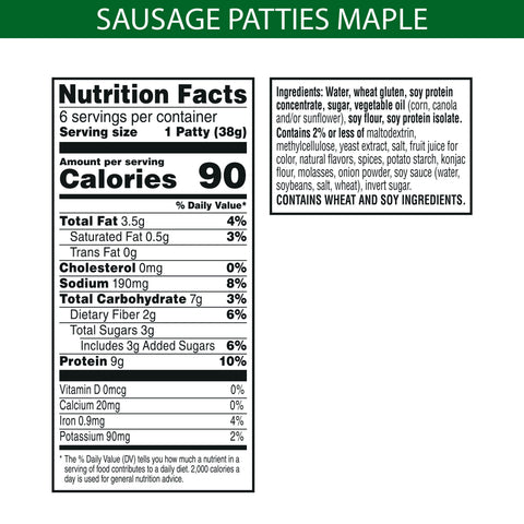Morningstar Farms Breakfast Maple Flavored Sausage Patties, 8 Ounce -- 6 per case.