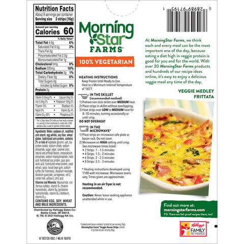 Kelloggs Morningstar Breakfast Veggie Bacon Strip, 5.25 Ounce -- 12 per case.