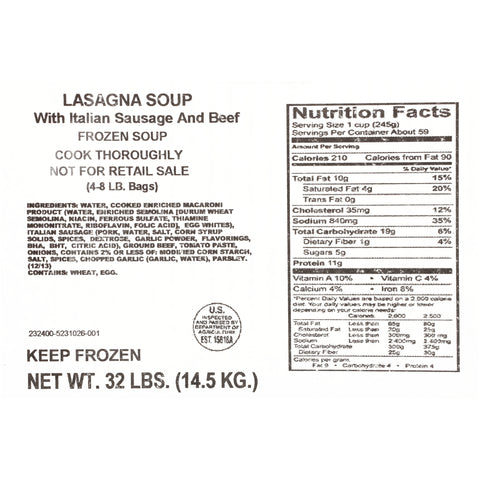 Quality Chef® SOUP LASAGNA READY TO USE COOK IN BAG FROZEN 624040