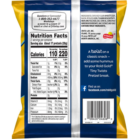 Rold Gold Classic Single Serve Tiny Twists Pretzels, 2 Ounce -- 64 per case.