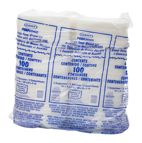 Container Foam White Hinged Lid 3-compartment 9.4x9x3