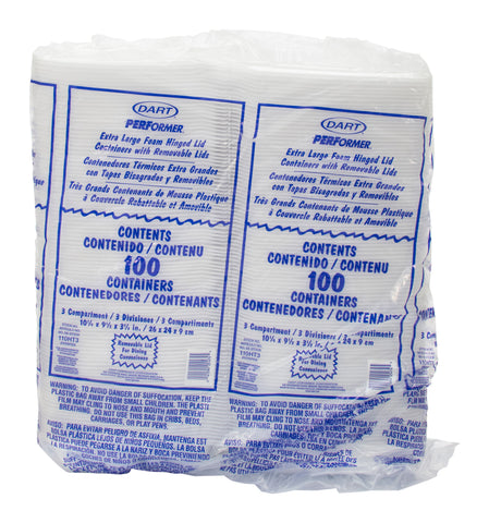 Dart CONTAINER FOAM HINGED LID WHITE 3-COMPARTMENT 10.3X9.5X3.5