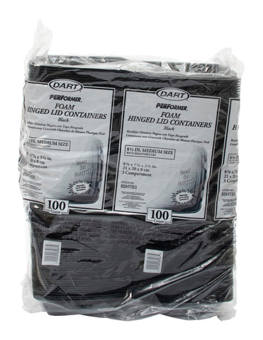 Dart Performer® CONTAINER FOAM HINGED MEDIUM BLACK 3-COMPARTMENT 8.4X7.9X3.3