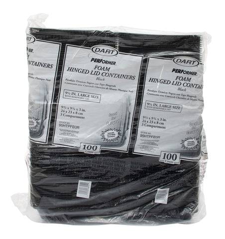 Dart CONTAINER FOAM BLACK HINGED 3-COMPARTMENT