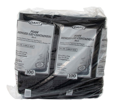 Dart CONTAINER FOAM BLACK HINGED LID LARGE SINGLE COMPARTMENT 9.5X9.3X3
