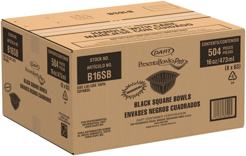 PresentaBowls® BOWL PLASTIC BLACK SQUARE 16 OZ
