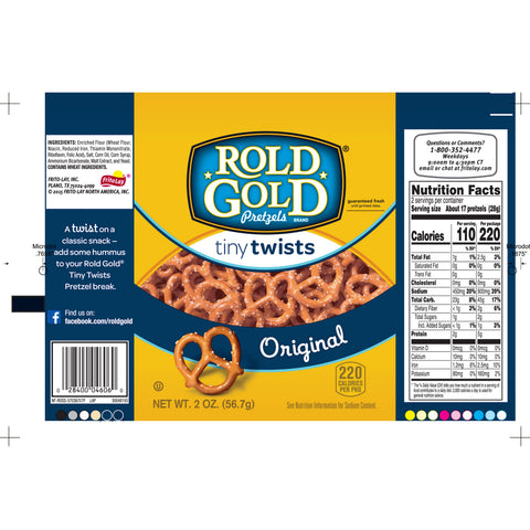 Rold Gold Classic Single Serve Tiny Twists Pretzels, 2 Ounce -- 64 per case.