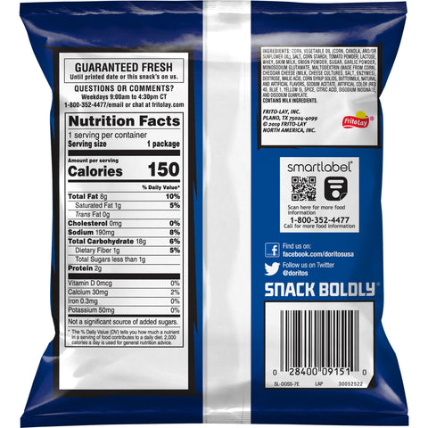 Doritos Cool Ranch Tortilla Chips, 1 Ounce -- 104 per case.