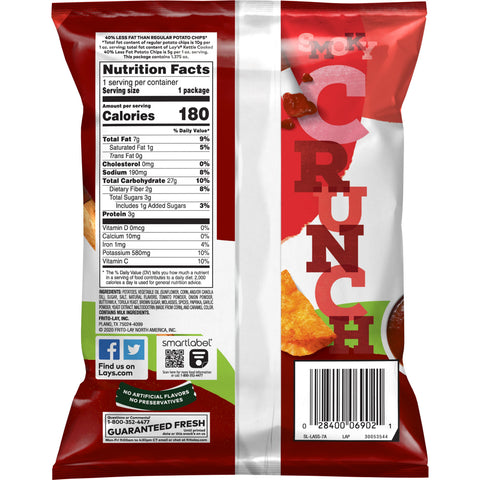 Lay's Kettle Cooked Less Fat Smoky BBQ Potato Chips, 1.375 Ounce -- 64 per case