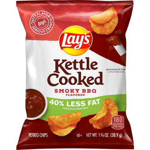 Lay's Kettle Cooked Less Fat Smoky BBQ Potato Chips, 1.375 Ounce -- 64 per case