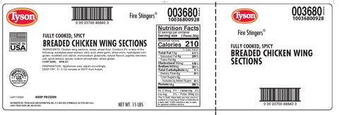 Tyson® CHICKEN WING FIRE STINGERS® MEDIUM SPICY BREADED 1ST & 2ND JOINT FC 10036800928
