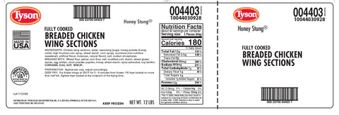 Tyson Honey Stung Breaded Chicken Wings Small first Section Chicken , 12 Pound.