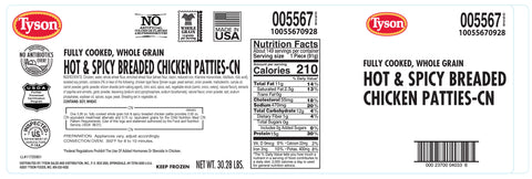 Chicken Patties Hot 'n Spicy Whole Grain Breaded W/ Foil Wrapper 3.26 Oz 5567-0928