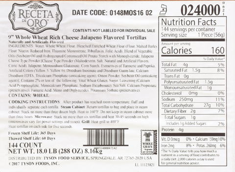 Mexican Original® TORTILLA CHEESE JALAPENO FLAVORED WHOLE GRAIN RICH REDUCED SODIUM 9