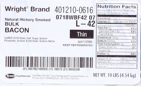 Wright® Brand BACON 18/22 CT PORK SHINGLE 14012100616