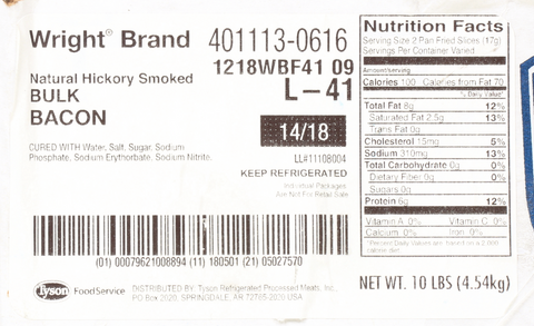 Wright® Brand BACON 14/18 CT SHINGLE NATURAL SMOKED HARDWOOD 14011130616