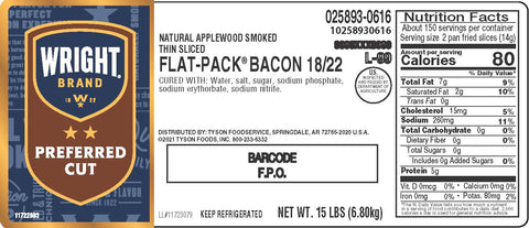 Wright® Brand BACON 18/22 CT NATURAL APPLEWOOD-SMOKED 10258930616
