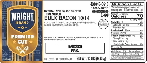 Wright® Brand BACON 10/14 CT NATURAL APPLEWOOD SMOKED EXTRA THICK 14010430616