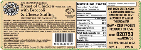 Barber Foods Frozen Stuffed Broccoli and Cheese Chicken, 7 Ounce -- 24 per case.