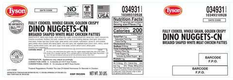 Tyson® CHICKEN NUGGET DINOSAUR SHAPED BREADED WHOLE GRAIN FC 10349310928