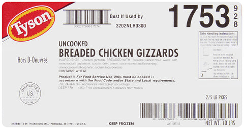 Tyson Breaded Raw Chicken Gizzard, 5 Pound -- 2 per case.