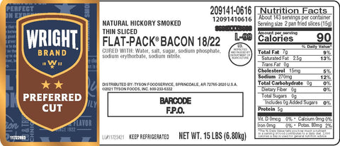 Wright Traditional 18 22 Natural Hickory Smoked Flat Pack Bacon, 15 Pound.
