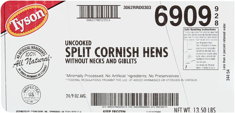 Tyson Halves Cornish Hen Chicken without Giblets, 9 Ounce -- 24 per case.