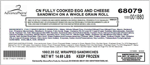 Sandwich Egg & Cheese On A Whole Grain Bun 2.35 Oz 68079