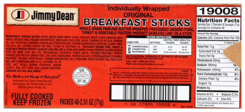 Jimmy Dean BREAKFAST PANCAKE STICK PORK WHOLE GRAIN IW 10000019008