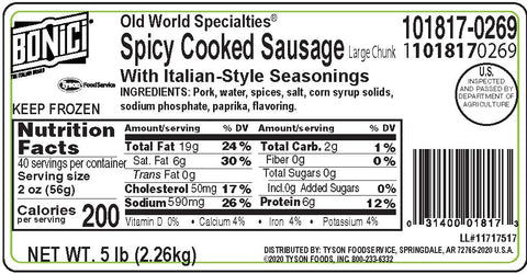 Tyson Old World Specialities Cooked Spicy Sausage Pizza Topping, 5 Pound -- 2 per case.