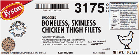 Tyson Uncooked Boneless Skinless Chicken Thigh Filets, 6 Ounce -- 4 per case.