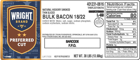 Tyson Wright Brand Natural Texas Smoked Bacon - 18-22 Slices per Pound, 30 Pound.