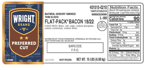 Wright® Brand BACON 18/22 CT HICKORY SMOKED CERTIFIED FLAT PACK 14015150210