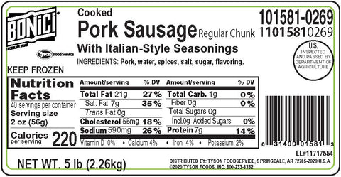 Tyson Italian Style Regular Chunk Pork Sausage Seasoning Pizza Topping, 5 Pound -- 2 per case.