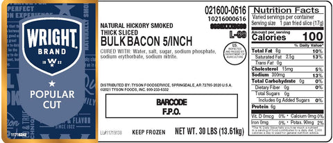 Wrights Buffet Natural Hickory Smoked Thick Bacon, 30 Pound.