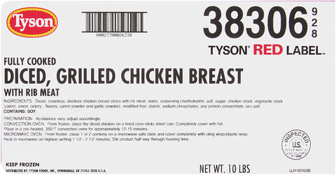 Tyson Red Label Premium Unbreaded Grilled Diced Chicken Breast, 5 Pound -- 2 per case.