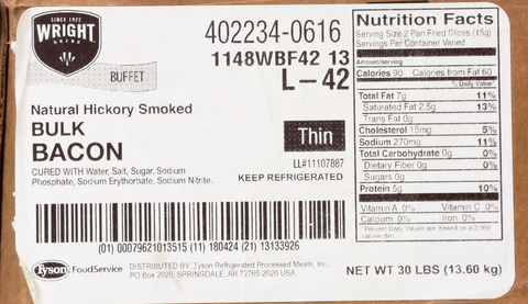 Wright® Brand BACON 18/22 CT SLAB NATURAL HICKORY SMOKED 14022340616