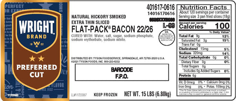 Wright® Brand BACON 22/26 CT FLAT PACK EXTRA THIN 14016170616