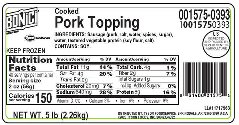 Tyson Pizzano Precooked Large Chunk Pork Pizza Topping, 5 Pound -- 2 per case.
