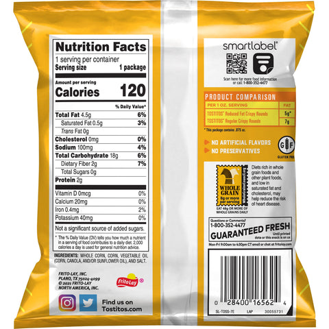 Tortilla Chip Reduced Fat Whole Grain Rich Crispy Rounds Single Serve