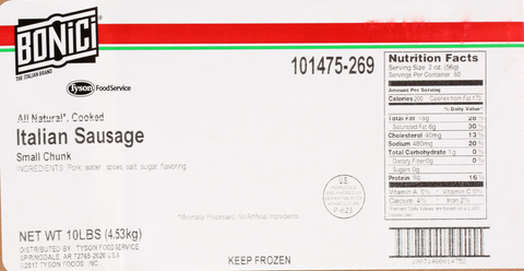 Tyson Bonici Small Italian Sausage Pizza Topping, 5 Pound -- 2 per case.