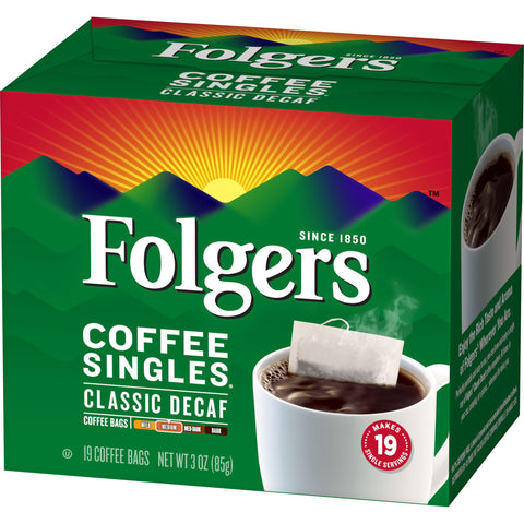 Folgers Decaffeinated Coffee Singles - 19 coffee bags per box, 12 boxes per case